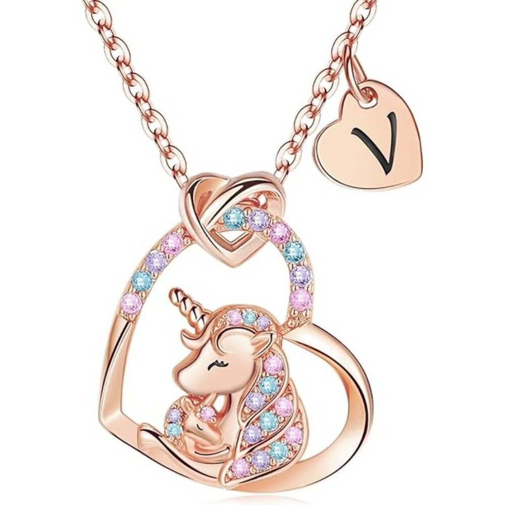 14K Gold Plated Unicorn Necklace Initial V Girls Heart CZ Pendant Hypoallergenic